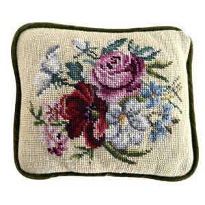 Vintage Needlepoint Petit Floral Throw Pillow Green Wool Velvet Handmade 10”x8”